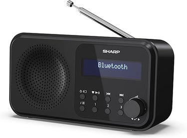 Sharp DR-P420(BK) Radio Digital portatil Tokyo Dab+, Dab y FM con RDS, BT 5.0, USB o Pilas, Mini Jack, Antena telescópica, búsqueda automática, 20+20 memorias, Hora y Fecha Auto, Alarma, Negro
